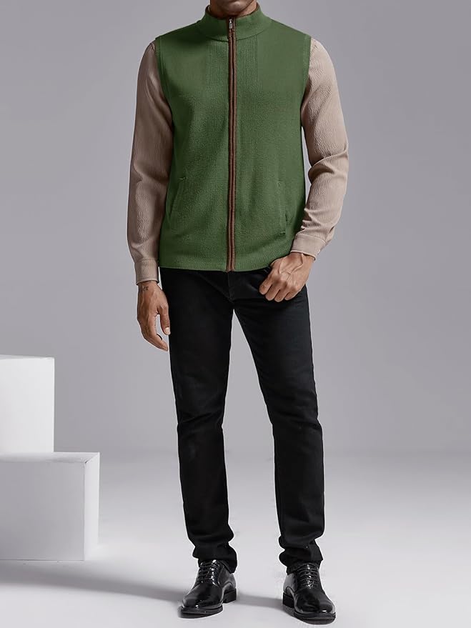 Ryannology Mens Sweater Vest Zip up Casual Sleeveless Cardigan Knitted Stand Collar Regular Fit Jacket with Pockets