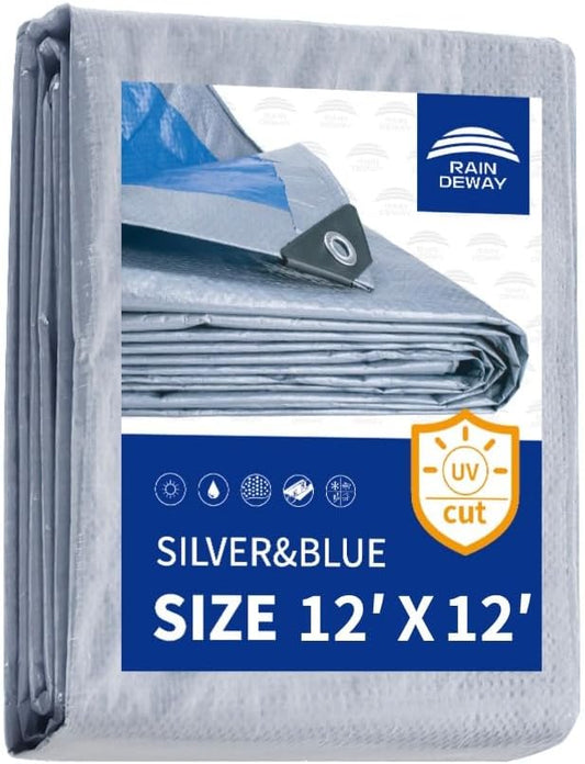 RAINDEWAY Tarps 12x12 Feet - 5.5 Mil, Multipurpose Waterproof Poly Tarp Cover with Metal Grommets and Reinforced Edges, Silver/Blue Tarp