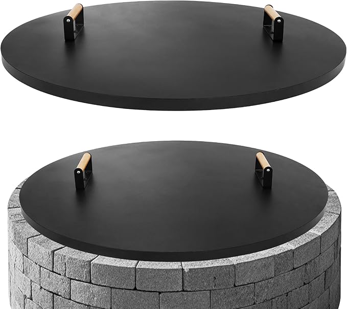 G GOOD GAIN Firepit Lid Round 38 Inch - Rust Resistant Fire Pit Lid Cover with Wooden Handle & Gloves, Fire Pit Snuffer Lid for Courtyards, Patio, Winter Cold Protection. Fits Fire Pits Up to 36"