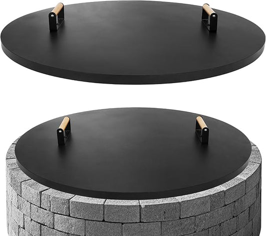 G GOOD GAIN Firepit Lid Round 38 Inch - Rust Resistant Fire Pit Lid Cover with Wooden Handle & Gloves, Fire Pit Snuffer Lid for Courtyards, Patio, Winter Cold Protection. Fits Fire Pits Up to 36"