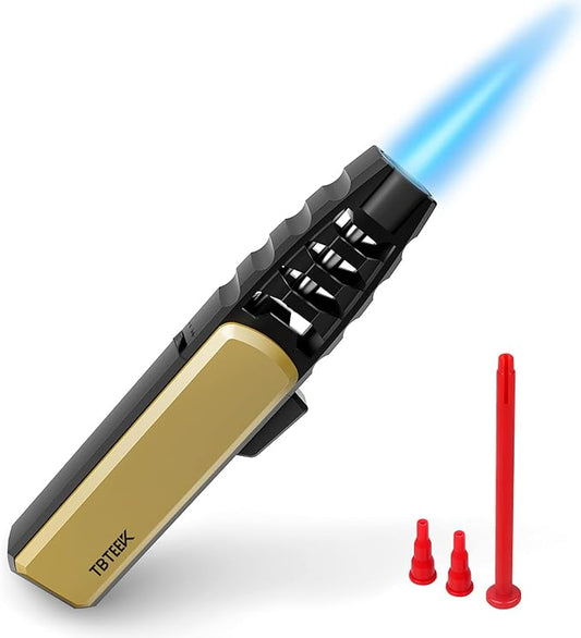 TBTeek Butane Torch Lighter - Adjustable Jet Flame Lighter, Refillable Bright Fire Blow Torch, Cooking Lighter with Safety Lock for creme, BBQ, Baking, Candle, Camping, Gold (Gas Not Included)