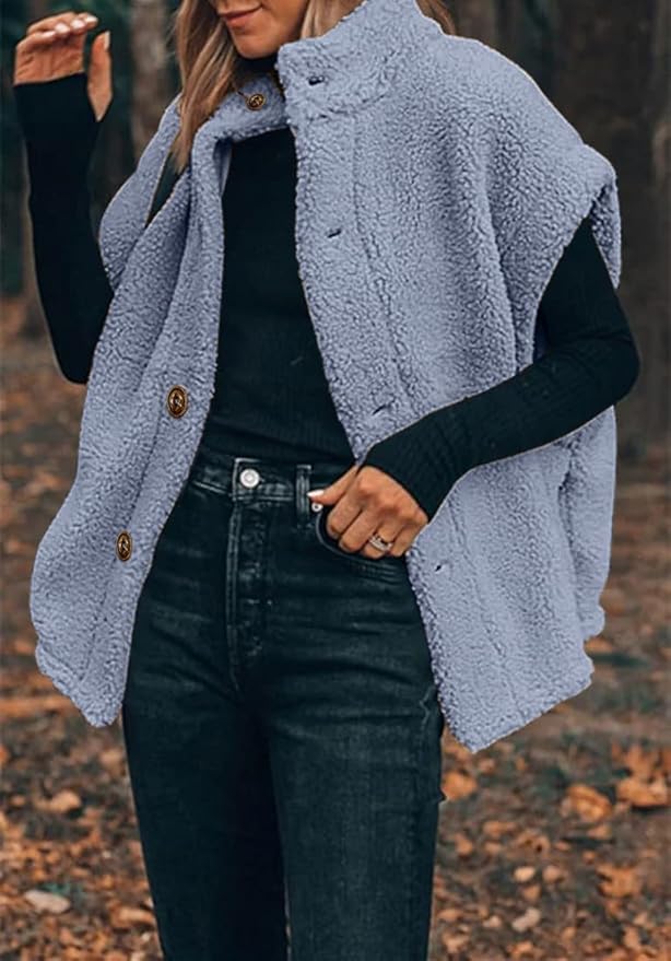 Hongqizo Womens Fuzzy Fleece Vest Casual Oversized Warm Button Down Sherpa Vest Jacket with Pockets