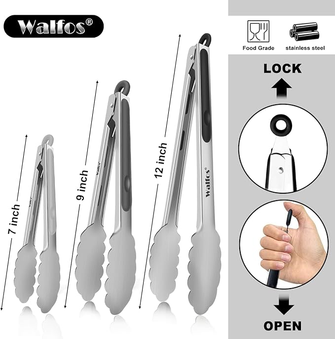 Walfos Stainless Steel Kitchen Tongs for Cooking- 7 ，9 and 12 Inch, Food Grade Metal Tongs for Cooking, BBQ, Set of 3 Heavy Duty Locking Cooking Tongs Non-Slip Grip