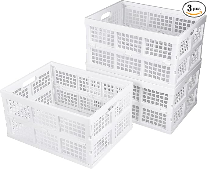 3-Pack Plastic Collapsible Storage Crates-30L,Foldable Plastic Crates for Storage (White)