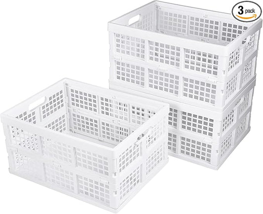 3-Pack Plastic Collapsible Storage Crates-30L,Foldable Plastic Crates for Storage (White)