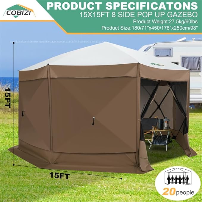 COBIZI 15x15ft Extra Large Pop-Up Gazebo Canopy Tent with Mosquito Netting, Spacious Easy Set-Up Screened Shelter, Durable Outdoor Pavilion with Ground Stakes, Perfect for Patio, Backyard, Brown