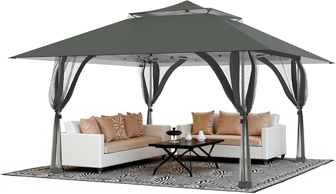 Favofamilie13x13 FT Pop Up Canopy, Instant Setup Gazebo with 4 Sidewall, Wheeled Carry Bag, 4 Sandbags & 4 Ropes, UV-Resistant Top, Heavy Duty Outdoor Shelter for Backyard Camping Events, Grey
