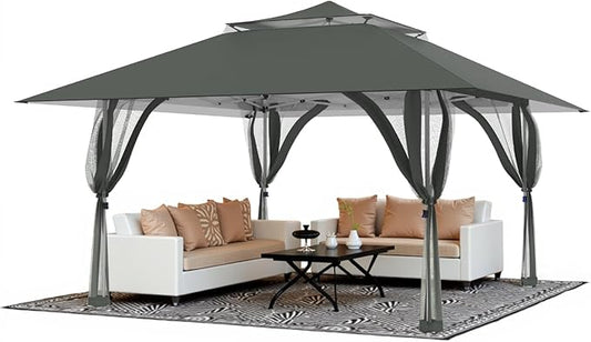Favofamilie13x13 FT Pop Up Canopy, Instant Setup Gazebo with 4 Sidewall, Wheeled Carry Bag, 4 Sandbags & 4 Ropes, UV-Resistant Top, Heavy Duty Outdoor Shelter for Backyard Camping Events, Grey