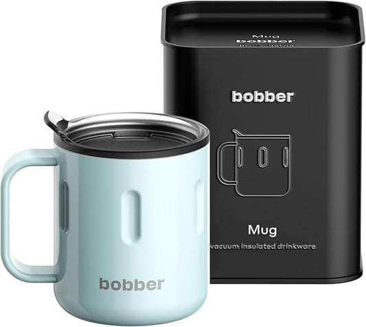 BOBBER 10 oz Insulated Coffee Mug with Wide Handle & Lid – Double Walled Stainless Steel Travel Tumbler for Women, Wife – Triple Walled Coffee Cup for Hot & Cold Drinks (Light Blue)