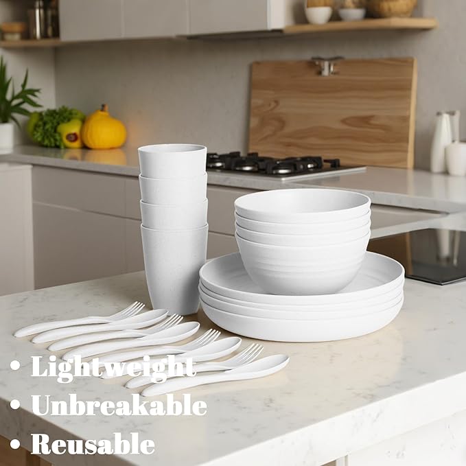 Wheat Straw Dinnerware Sets | Microwave and Dishwasher Safe Dishes Sets for 4 | Unbreakable Kids Plates and Bowls Set, Plastic Plates Reusable, Camping Dishes for Kitchen, PV, Dinner (White)