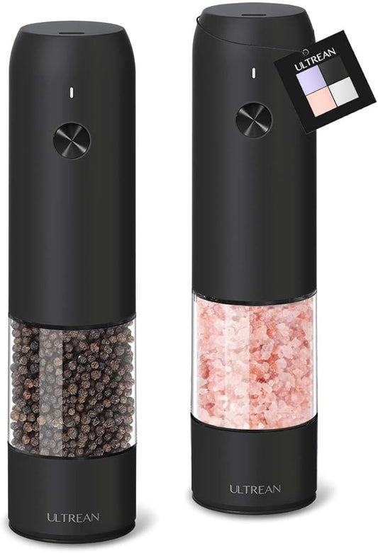 Ultrean Pepper Grinder, Rechargeable Salt and Pepper Grinder with 6 Adjustable Coarseness, LED Light, Automatic Grinder for Kitchen, Christmas Gifts for Women, Black