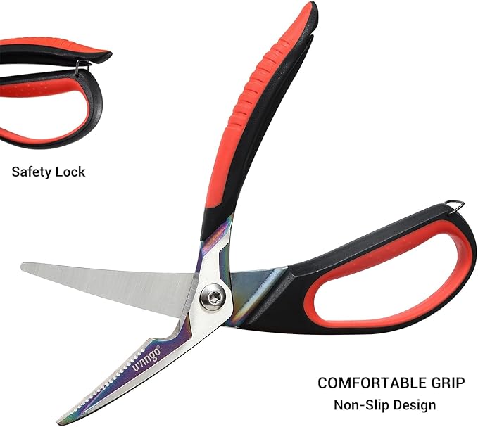 LIVINGO Heavy Duty Kitchen Scissors - Titanium Coated Sharp Poultry Shears Multipurpose for Cutting Chicken Bones, Meat, Vegetable Food, 9.5 Inches Comfortable Grip with Safe Lock