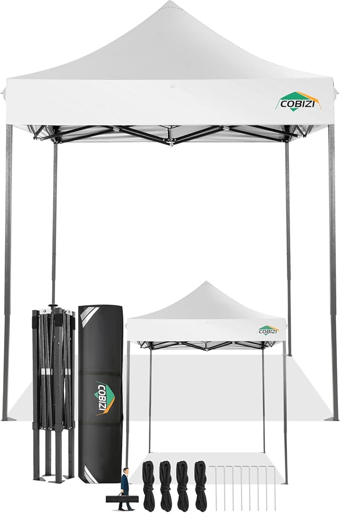 COBIZI 6.6x6.6 Pop Up Canopy Without Sidewall,Heavy Duty Canopy UPF 50+ All Season Wind Waterproof Commercial Outdoor Party Tents for Parties Canopy Gazebo with Storage Bag(6.6 x 6.6 ft White)