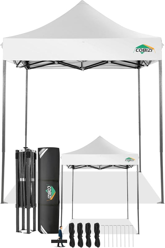 COBIZI 6.6x6.6 Pop Up Canopy Without Sidewall,Heavy Duty Canopy UPF 50+ All Season Wind Waterproof Commercial Outdoor Party Tents for Parties Canopy Gazebo with Storage Bag(6.6 x 6.6 ft White)