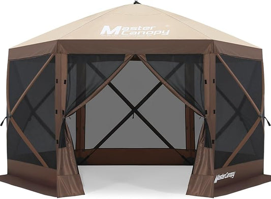 MASTERCANOPY 10x10FT Pop Up Gazebo Screen Tent - Instant Screen House with Netting, Quick Set, Outdoor Canopy Shelter with Carry Bag for Camping, Backyard & Patio (Beige&Coffee)
