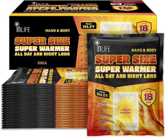InLife Super Size Super Warmer for Hands and Body, All Natural & Safe, Bigger & Wider Area Covered, Higher Heating 145°F, Air Activated, Easy & Comfort, Steady Longer Lasting, Odorless, 20 Packs
