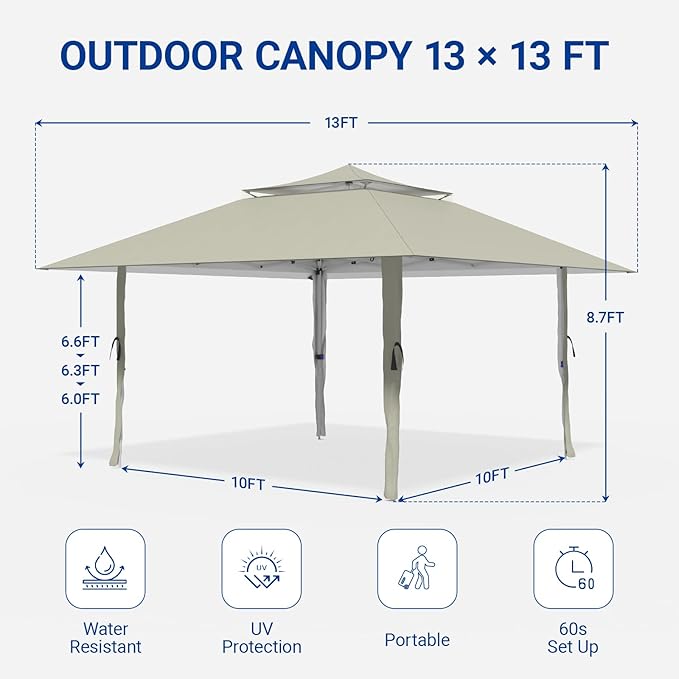 Favofamilie13x13 FT Pop Up Canopy, Instant Setup Gazebo with Wheeled Carry Bag, 4 Sandbags & 4 Ropes, UV-Resistant Top, Heavy Duty Outdoor Shelter for Backyard Camping Events, Khaki