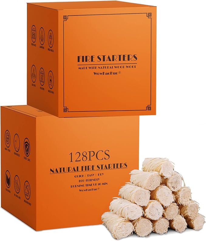 128Pcs Natural Fire Starters for Campfires, Fireplaces, Grills, BBQ & Smokers, Wood Stoves,Fire Pits,A Box of 128 pcs Firestarters