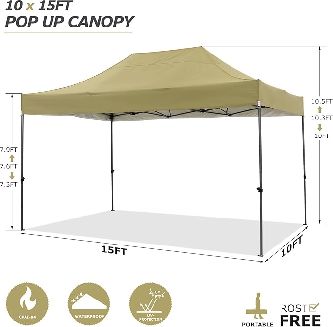 COBIZI 10x15 Pop up Canopy Tent 10x15 Canopy with 4 Sidewalls Waterproof Heavy Duty Commercial Tent for Parties Outdoor Garden Gazebo, Carry Bag(10x15ft, Khaki)