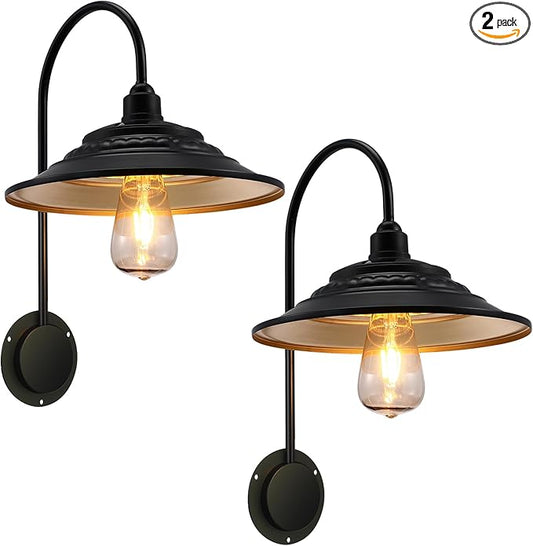 Solar Barn Lights for Outside, 2PCS Waterproof Solar Wall Light Fixture, Rustic Vintage Metal Gooseneck Wall Mount Outdoor Lights with Gold Interior, for Outdoor Barn Shed Farmhouse Porch