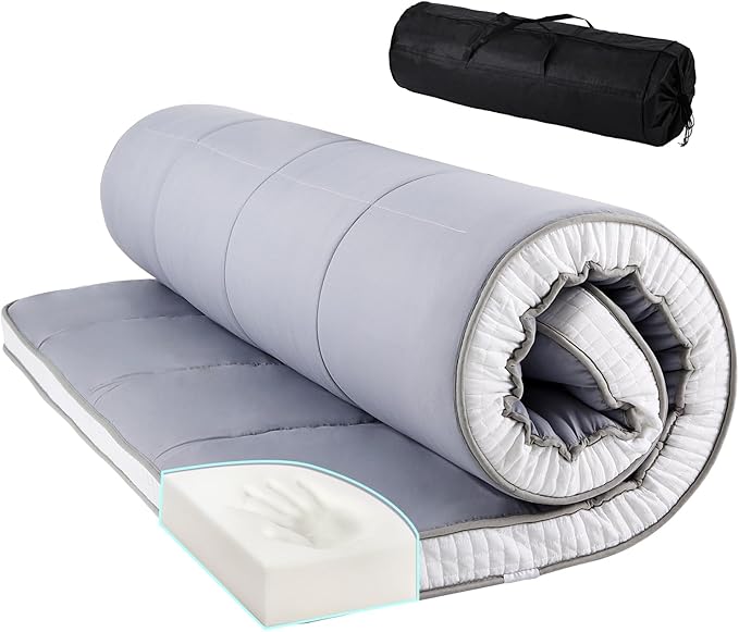 Tiita Memory Foam Mattress Topper Twin Size, 4" Thicken Futon Mattress with Storage Bag and 2 Straps, Portable Roll Up Travel Car Camping Mattress Floor Sleeping Pad, Grey
