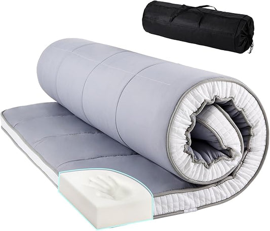 Tiita Memory Foam Mattress Topper Twin Size, 4" Thicken Futon Mattress with Storage Bag and 2 Straps, Portable Roll Up Travel Car Camping Mattress Floor Sleeping Pad, Grey