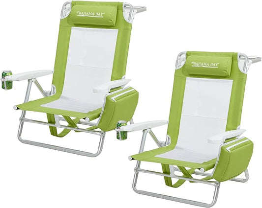 Reclining Beach Chair Backpack 5-Position Lay Flat Lounge Chair for Adults Heavy Duty Portable Folding Lightweight with Cooler Bag Camping Chair for Sand Outdoor