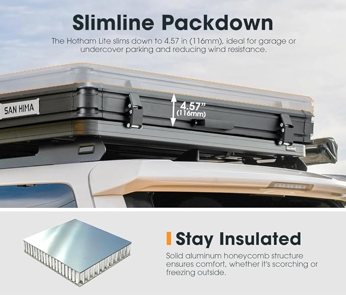 Sanhima Rooftop Tent Hard Shell - Hotham Lite Overland Aluminium Roof Top Tent 4.56" Slimline, w/Tri-Color LED Strip Light & 1.97” Thick Mattress, for Car SUV Truck Camping, 2-3 People