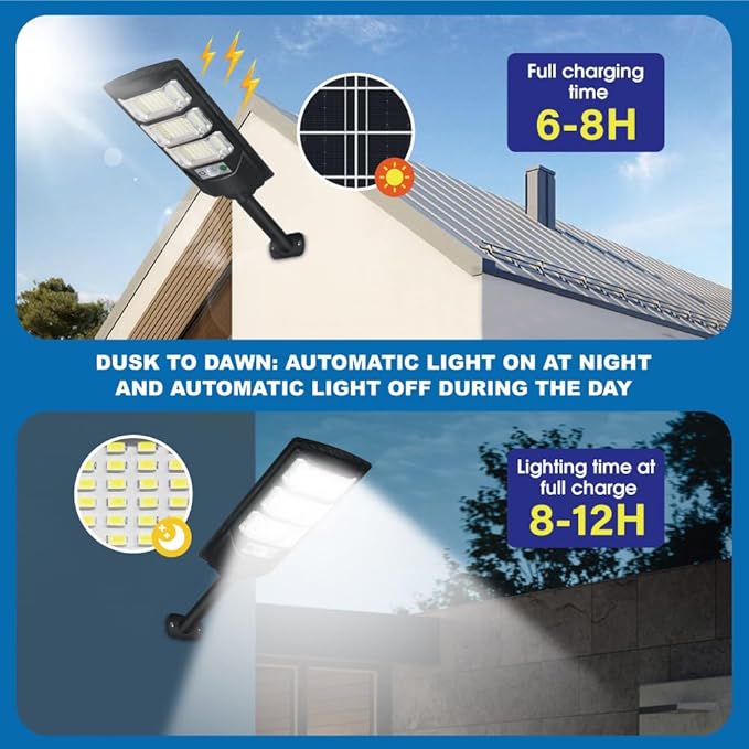 Solar Outdoor Light 2 Pack, 144 LED 6500K Dusk to Dawn Solar Powered Street Light IP65 Waterproof Motion Sensor Security Flood Light with Remote Control Smart Light for Patio Barn Yard Garage