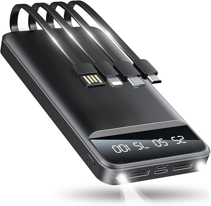 Portable Charger 40000mAh Power Bank with 4 Built-in Cables, 5 Outputs & 3 Inputs, Travel Essentials with Flashlight, USB C Battery Pack for iPhone 16 15 14 13 12 11, Android Charger, iPad Tablet