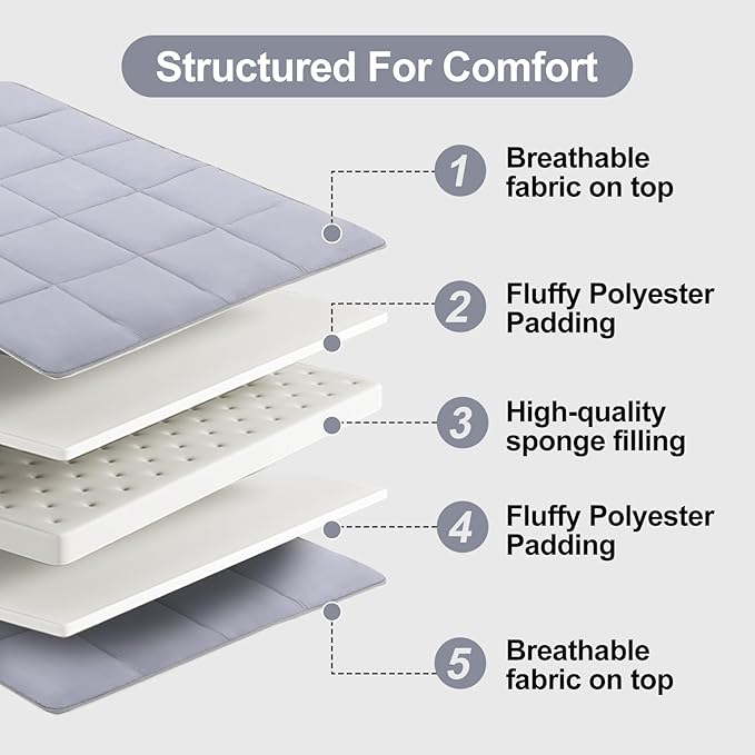 Tiita Queen Memory Foam Mattress Topper, 4" Thicken Futon Floor Mattress with Storage Bag and 2 Straps, Portable Roll Up Travel Car Camping Mattress Sleeping Pad, Grey