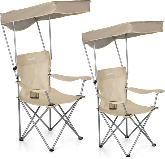 Camping Chair 2 Pack Portable Camping Chair with Canopy,Folding Chair with Canopy, Durable 600D Oxford Canopy Chair for Camping, Beach, Picnics, Fishing & Sports,Straight Edge Beige