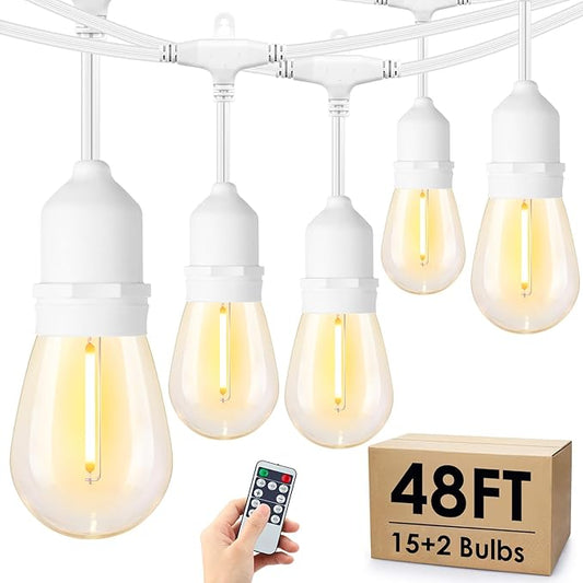 48FT Outdoor String Lights with Remote, Dimmable Patio Lights with 15+2 Waterproof 3 Modes 4 Timers Hanging LED Bulbs for Party Weeding, White