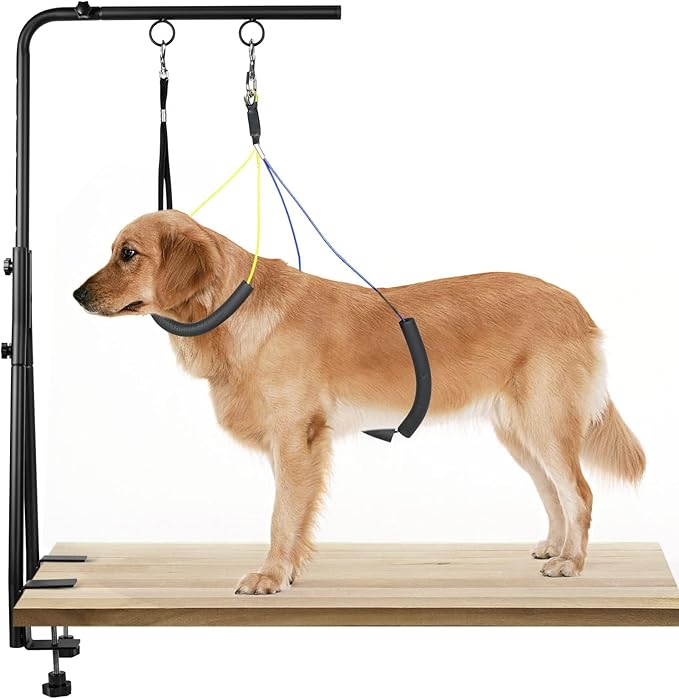 Dog Grooming Arm, Adjustable Pet Grooming Arm with Clamp for Small and Medium Dogs,Grooming Loop and No Sit Haunch Holder (Black, 35" H Arm + Heavy Duty Double Clamp + Hammock)