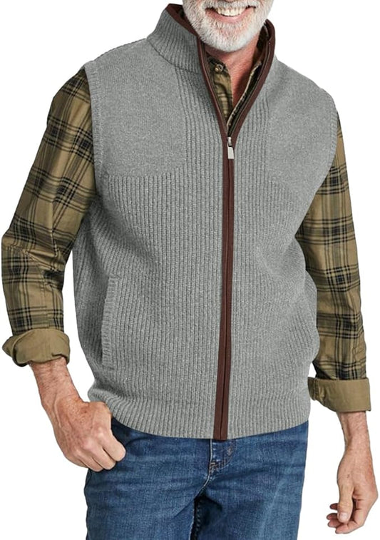 Ryannology Mens Sweater Vest Zip up Casual Sleeveless Cardigan Knitted Stand Collar Regular Fit Jacket with Pockets