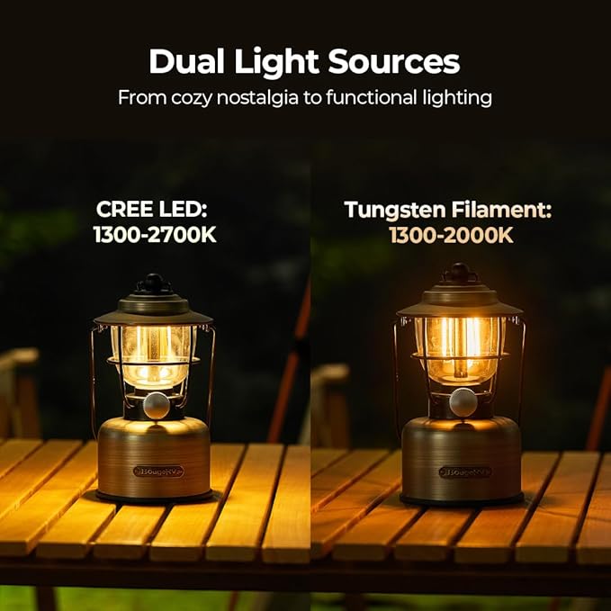 BougeRV VL01 Camping Lantern, Stepless Dimming LED Light, Tungsten Filament Glow, Rechargeable Vintage Lantern, IPX5 Portable Hanging Lamp for Camping, Hiking, Power Outage, Adventure, Emergency Use