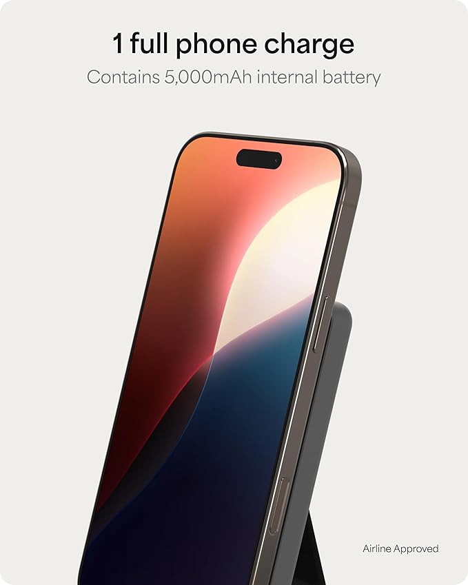 Mophie Powerstation Wireless Slim with Stand 5,000mAh Power Bank – MagSafe Compatible, 15W Qi2-Certified, 20W USB-C PD Fast Charging, Ultra-Thin Battery Pack for iPhone, Android, Travel & Airplane Use