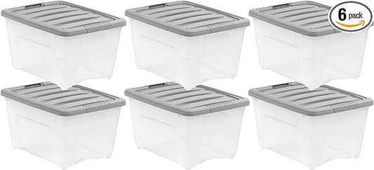 Amazon Basics Plastic Storage Containers with Secure Latching Lids, Stackable Organization Bins, 32 Quart, Set of 6, Clear/Grey