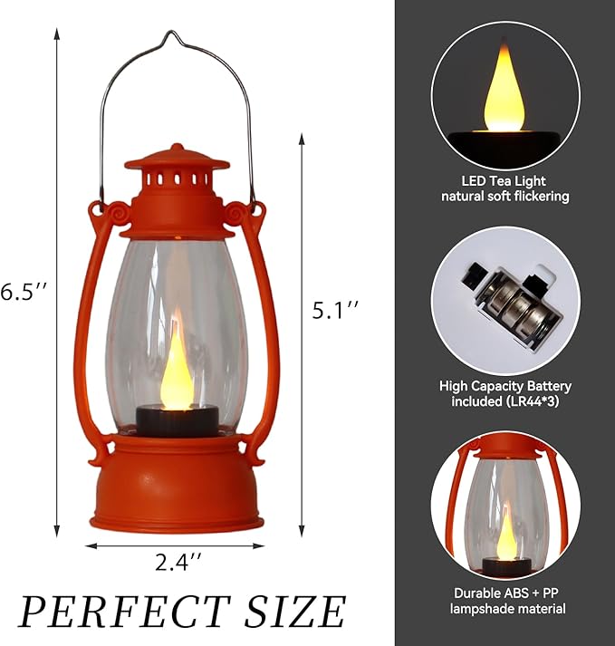Orange Mini Lanterns Decorative 6-Pcs for Fall Halloween Thanksgiving Decoration, Small Western Lantern with LED Flickering Candle for Cowboy Camping Christmas Wedding Decor, Centerpiece Table