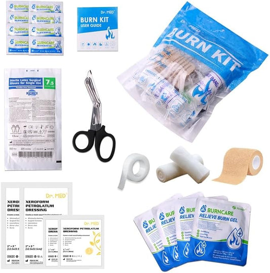 Dr.Med Burn Kit, 4pcs Burn Dressings 4x4”, 8pcs Burn Gel 3.5g, 4pcs Non-Adherent Xeroform Petrolatum Gauze, Burn First Aid Cooling Soothing Cream with Bandage, Latex Surgical Gloves, Scissors, Tape