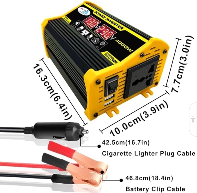High-Power 4000W DC to AC Power Inverter – 12V to 110V/220V Converter with Dual USB Ports, Universal AC Outlet, LED Display for Cars, Trucks, RVs, and Home Backup
