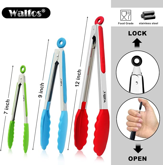Walfos Silicone Tongs for Cooking - Heat Resistant kitchen tongs for Salad,Cooking, Grilling,Stainless Steel and BPA Free Silicone Tips set of 3 (7" 9" and 12 inch)