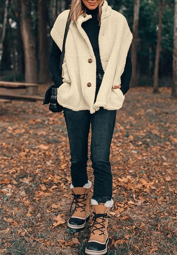 Hongqizo Womens Fuzzy Fleece Vest Casual Oversized Warm Button Down Sherpa Vest Jacket with Pockets