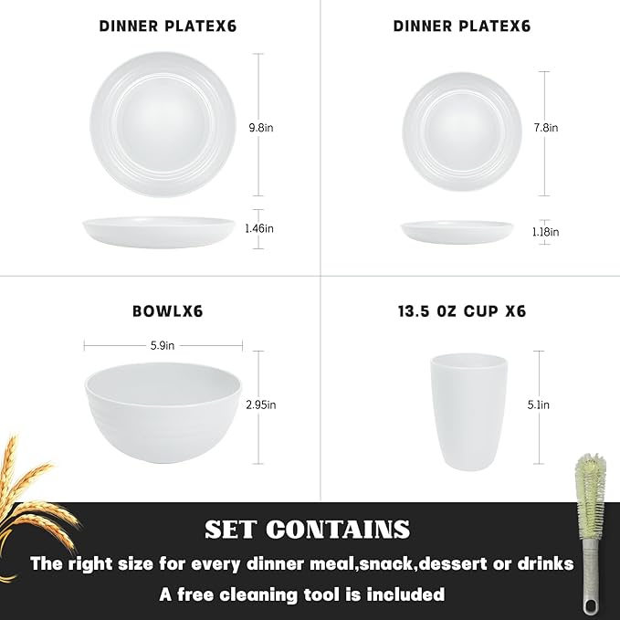 Kitchen Wheat Straw Dinnerware Sets (25pcs) Attached cleaning brush,Service For 6,Plastic Plates and Bowls Sets,Unbreakable Dinnerware,Lightweight Plastic Plate Set (white)