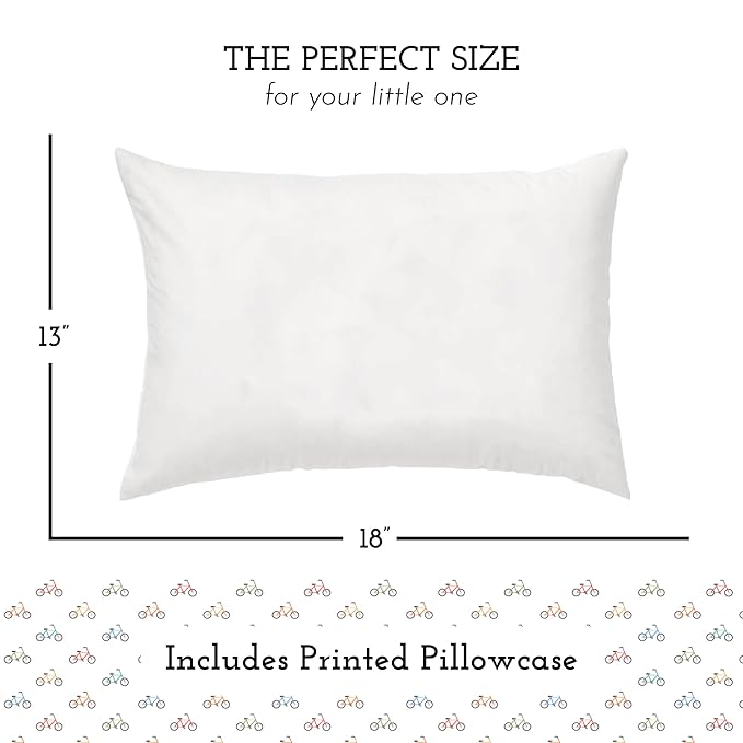 Little Sleepy Head Toddler Pillow with Pillowcase 13x18 - Kids Pillow for Sleeping - Better Neck Support Ergonomic Pillow and Toddler Pillowcase - Best Pillows for Kids (Bicycles)