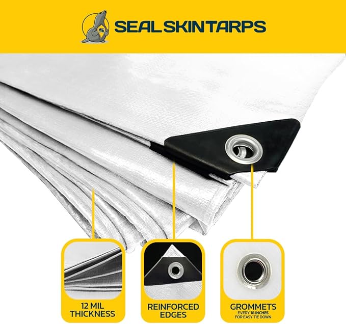 Seal Skin Covers Heavy Duty Waterproof Tarp 6x8 FT, 12 Mil 8 OZ 120 GSM Thick White Poly Tarp with Rustproof Grommets, Tear-Proof Cover with Reinforced Edges for Camping, Pool, Canopy Use