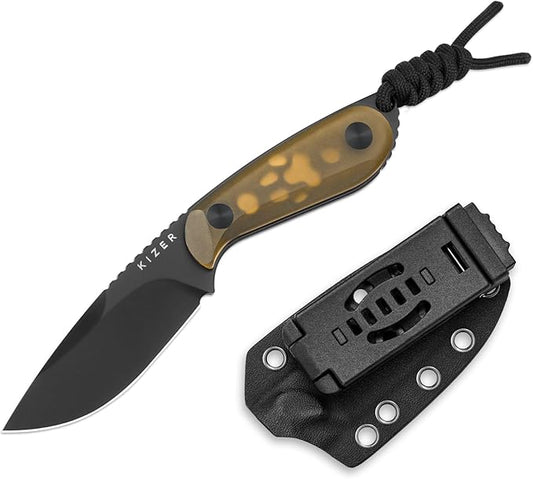 Kizer Buddy Fixed Blade Knife, 3" Nitro-V Steel Camping Knife with Yellow PEI Handle, Compact EDC Fixed Blade Knives with Sheath for Hiking & Camping 1081A1