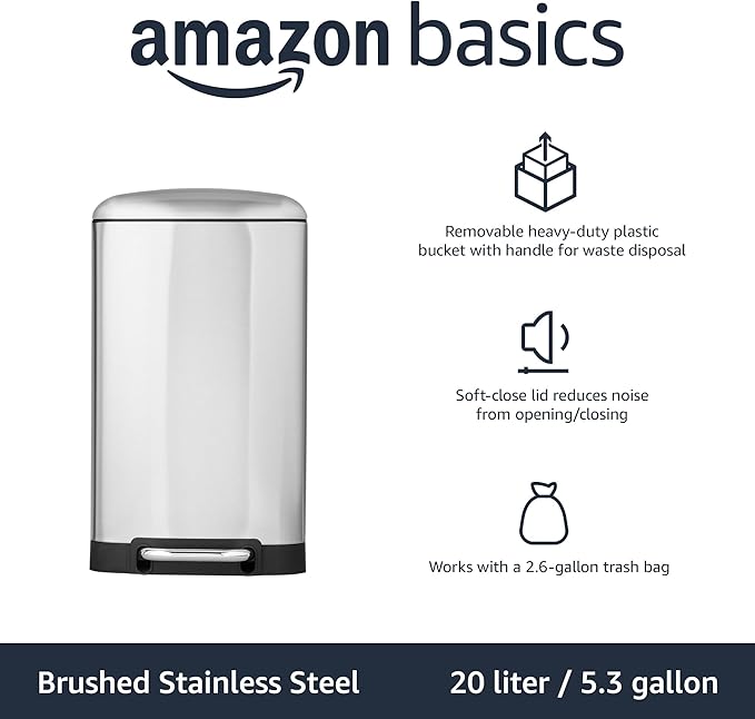 Amazon Basics Rectangular Small Trash Can with Lid and Soft-Close Foot Pedal for Bathroom, Bedroom, Living Room, Office, Smudge Resistant, 20l / 5.3 gallon, Nickel