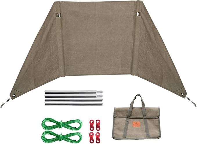 CAMPINGMOON Windshield Camp Curtain Canvas Bonfire Reflector with Stainless Steel Pole Storage Case Khaki Color B-660