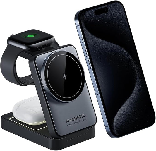 2025 Upgraded 3-in-1 Wireless Charger for iPhone,Travel Magnetic Charger Stand Nightlight Foldable Wireless Charging Station Compatible with Magsafe Charger&iPhone 16/15/14/13/12,Apple Watch&AirPods